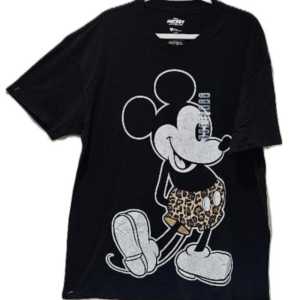 New DISNEY BLACK MICKEY MOUSE LEOPARD SHORTS SHORT SLEEVE TEE  T-SHIRT   XL
